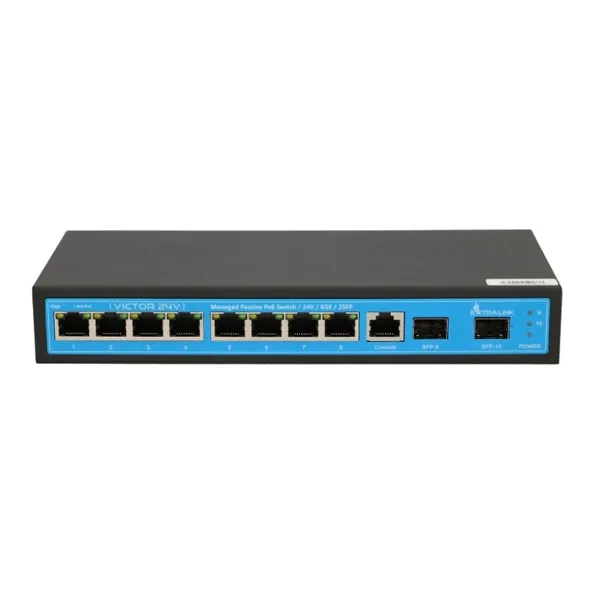Extralink - Passive PoE-Switch - managed, 120 W, 8x 10/100/1000 Mbps RJ45 ports, 2x SFP ports, 1x console port