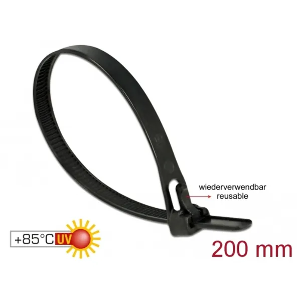 Delock - 18752 - Kabelbinder wiederverwendbar hitzebeständig L 200 x B 7,5 mm 100 Stück schwarz