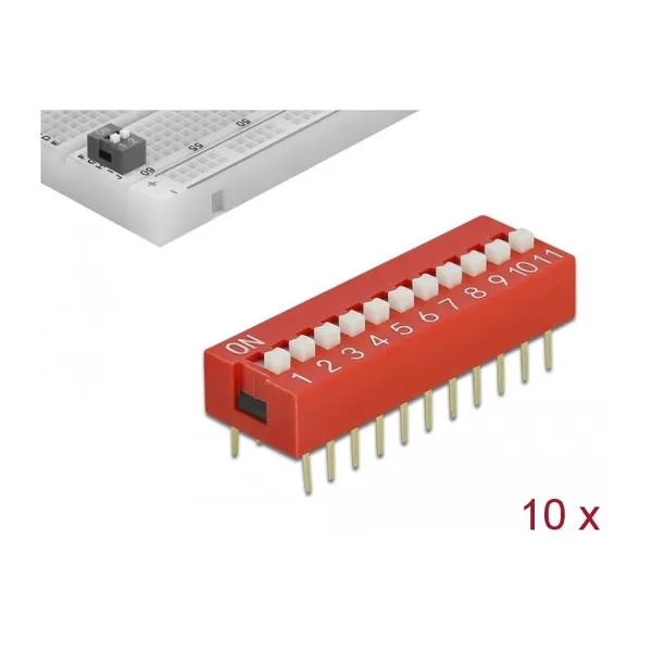 Delock - 66363 - DIP-Schiebeschalter 11-stellig 2,54 mm Rastermaß THT vertikal rot 5 Stück