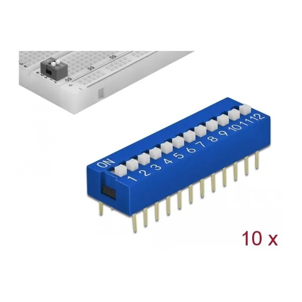 Delock - 66388 - DIP-Schiebeschalter 12-stellig 2,54 mm Rastermaß THT vertikal blau 10 Stück
