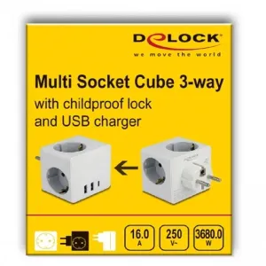 Delock - 11496 - Multi Socket Cube 3-way with childproof lock and USB charger, white