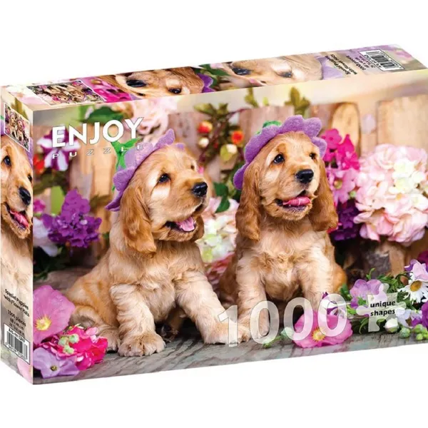 ENJOY Puzzle - ENJOY-1263 - Spaniel Puppies with Flower Hats, jigsaw puzzle , 1000 pieces