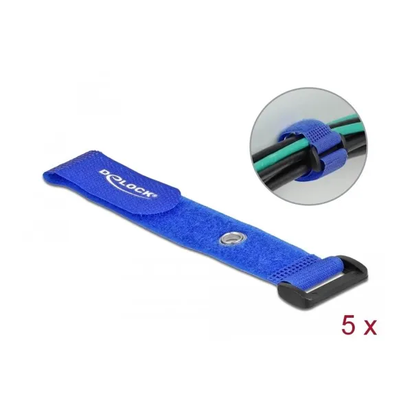 Delock - 19546 - Klett-Kabelbinder mit Schlaufe und Befestigungsöse L 190 x B 25 mm blau 5 Stück