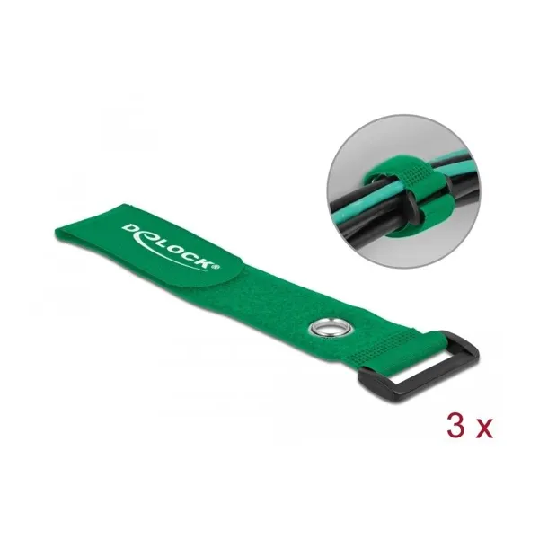 Delock - 19553 - Velcro cable tie with loop and fixing eye L 280 x W 38 mm green 3 pieces