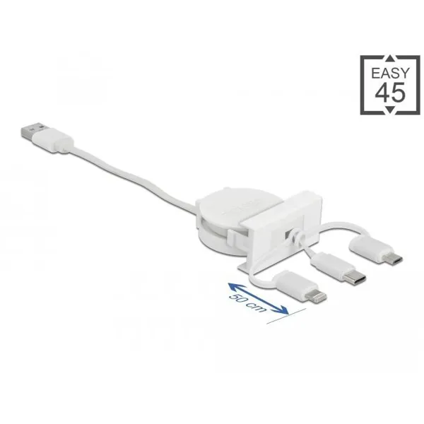 Delock - 81375 -  Easy 45 Modul USB 2.0 3 in 1 Aufrollkabel USB Typ-A zu USB-C, Micro USB und Lightning