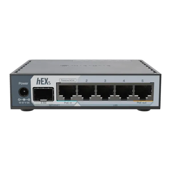MikroTik - E60IUGS - hEX S (2025 version) with Dual Core 950MHz CPU, 512MB RAM, 2.5G SFP cage, 5 x Gi