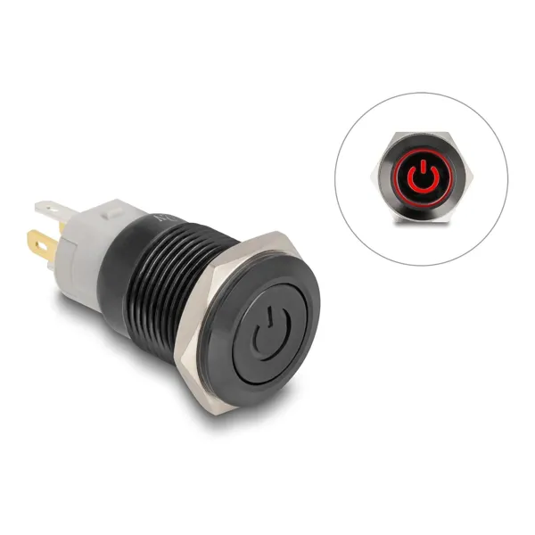 Delock - 22013 - Delock pressure switch for installation black 16 mm 12 V 5 x solder connection LED red Powe