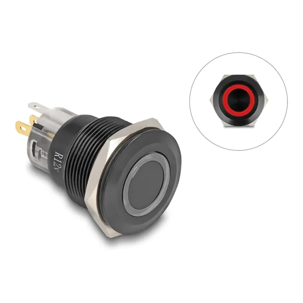 Delock - 22015 - Delock pressure switch for installation black 22 mm 12 V 5 x solder connection LED red ring