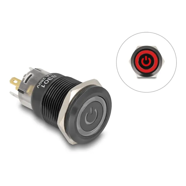 Delock - 22023 - Delock pressure switch for installation black 19 mm 12 V 5 x solder connection LED red Powe
