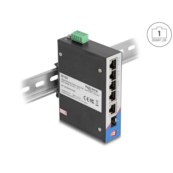 Delock - 80164 - Delock Industrial Gigabit Ethernet Switch 4 Port PoE 1 Port RJ45 1 Port SFP for H
